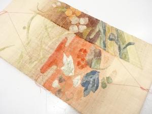 未使用品　手織り真綿紬　露芝に花模様織り出し　名古屋帯